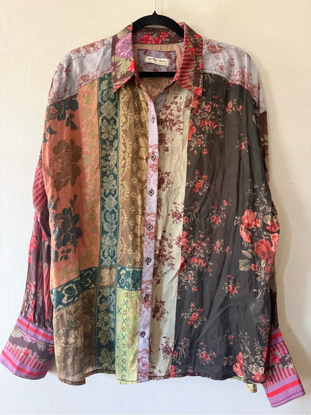 We The Free Free People Large Patchwork Floral Button Down Shirt Brown Green L - Picture 2 of 9